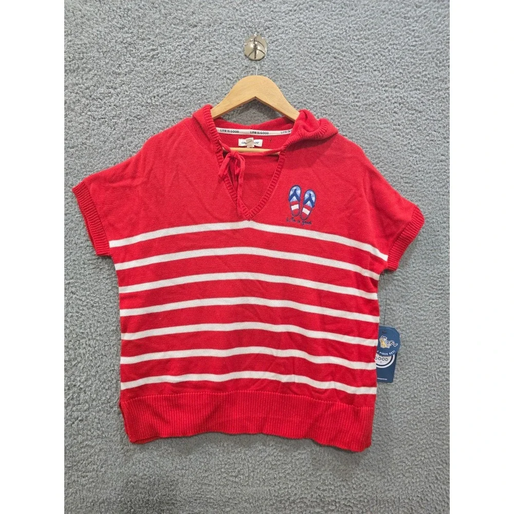 Life is Good Womens Red White Striped Short Sleeve Hooded Sweater Medium - Picture 2 of 9